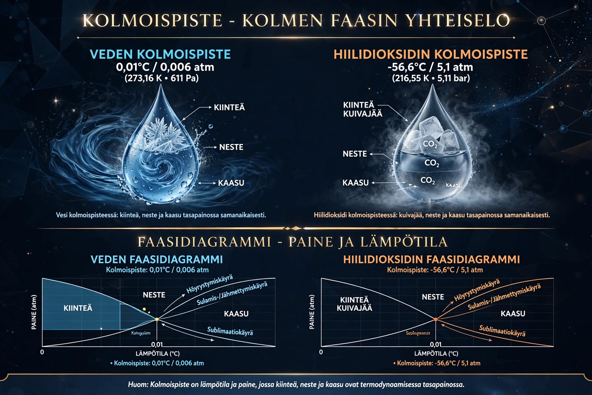 Veden ja hiilidioksidin kolmoispisteet sekä niiden faasidiagrammit